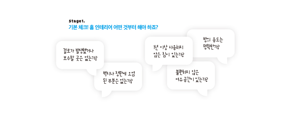 Stage 1. 기본 체크! 홈 인테리어 어떤 것부터 해야 하죠?방의 용도는 명확한가?결로가 발생했거나 보수할 곳은 없는가?1년 이상 사용하지 않은 짐이 있는가?벽지나 장판에 오염 된 부분은 없는가?불편지 않은 여유공간이 있는가?